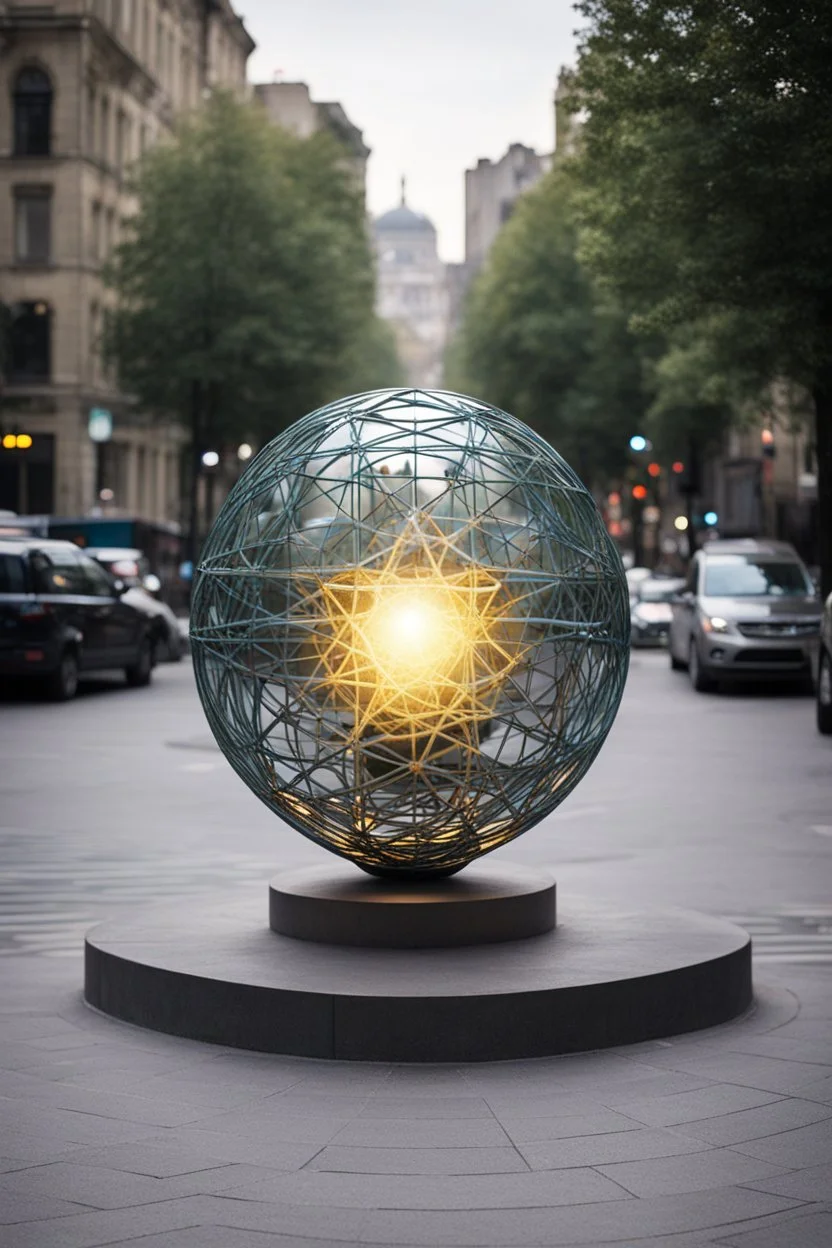 статуя на улице, Шар как атом/молекула: Сделать поверхность шара похожей на модель атома или молекулы, используя геометрические формы, светящиеся элементы или проекцию. . Для этого можно использовать различные геометрические формы, такие как круги, треугольники, шестиугольники и т. д., чтобы создать абстрактное изображение структуры атома или молекулы. Кроме того, возможно использование светящихся элементов, чтобы придать статуе особую магическую атмосферу и привлечь внимание прохожих ночью.