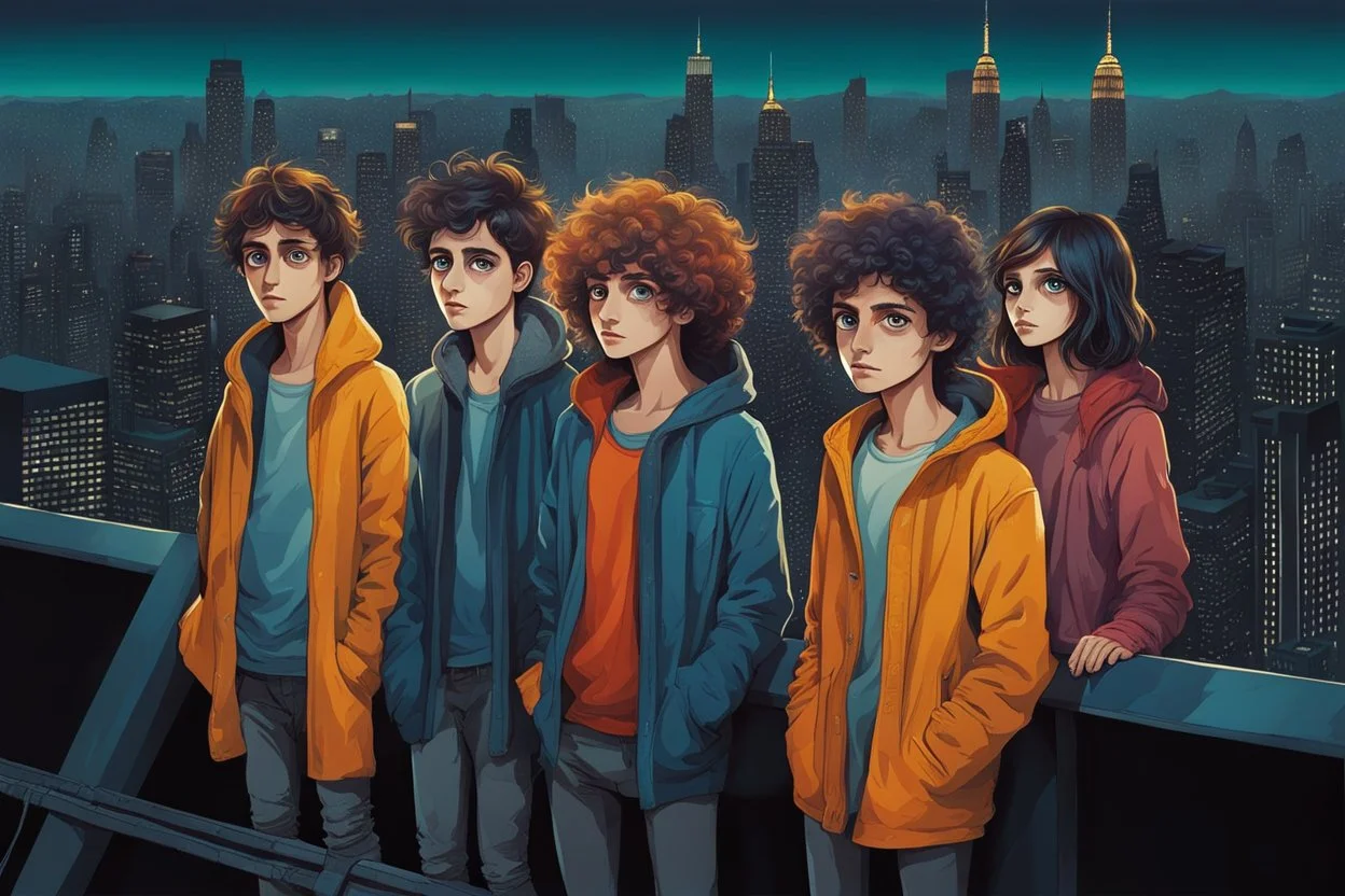 whimsical stylized illustration of young people with big eyes, tiny nose, tiny mouth and messy hair in complementer colors cloths, they stand in line on a high rooftop, surreal, thriller mood, smooth blending, extremely detailed, realistic textures, lights and shadows, cinematic