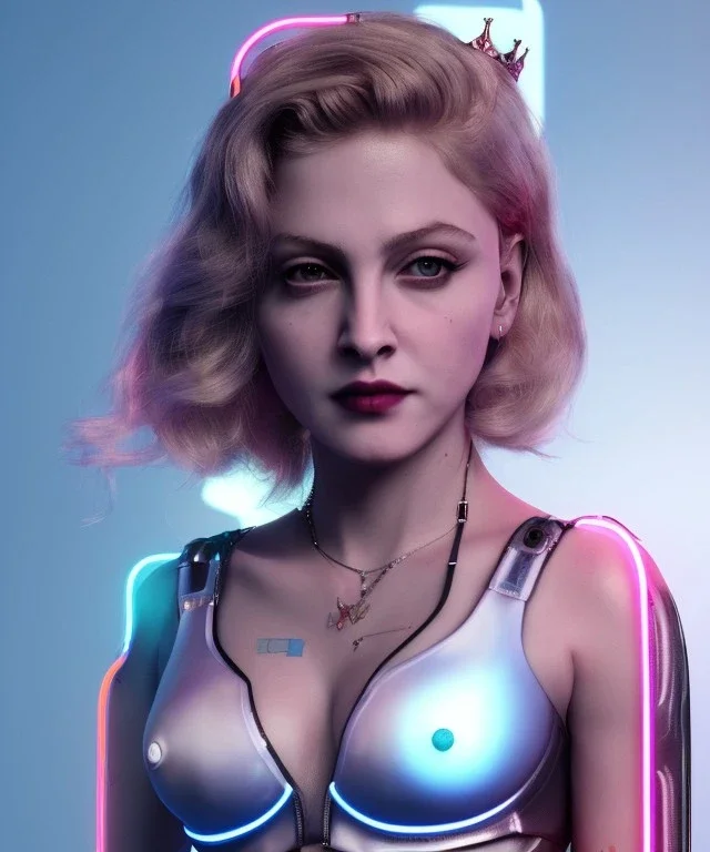 Artist, young madonna, crown, android woman, sweet, blonde, white skin, long eyeliner, purpurin, glossy lips, make-up, color leds lights, cables, short hair, circuits, cyberpunk, latex coat, cyber punk, neon, portrait, studio photo, unreal engine 5, soft color, 16 bit, god lights, ray tracing, RTX, lumen lighting, ultra deatail, volumetric lighting, 3d, finely drawn, hd.