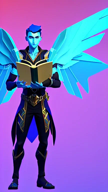 a human male with blue short hair and blue wings in assymetrical armor with geometric patterns and a book in hand, geometric wings