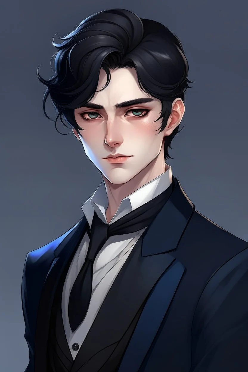 refined man with black hair and blue eyes anime wearing tuxedo realistic