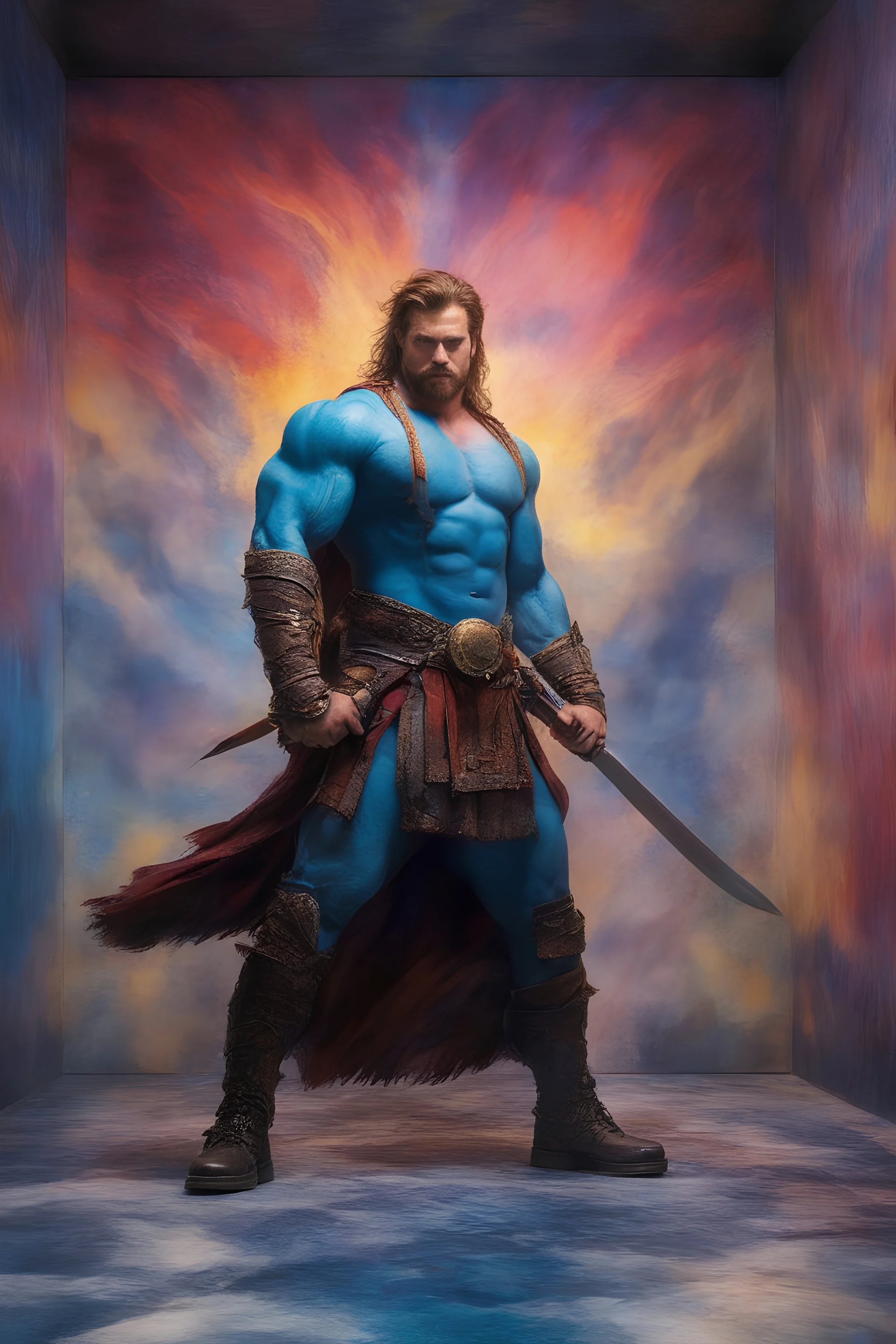 Connor Macleod, the Highlander, extremely huge, overexaggerated muscles, posing and flexing in a front of the camera, random extreme action poses, an extremely colorful, multicolored foggy blue marble wall in the background with a colorful marble tile floor, multicolored lightning, realism engine,