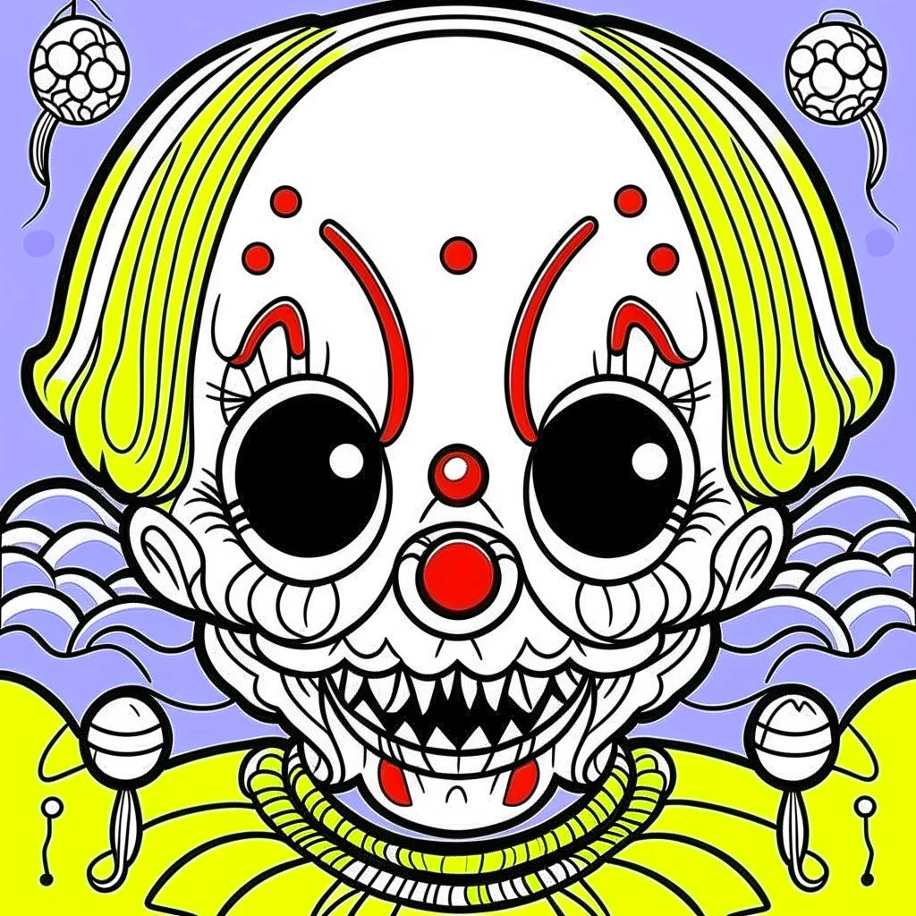 create a 2d black outline, " kawaii psycho clown coloring book for kids", coloring page, low details design, black contour, coloring page design, colorful , card style, coloring page for kids, halloween backgorund,sketch style,