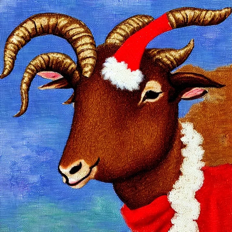 brown goat in a santa costume profile impressionism