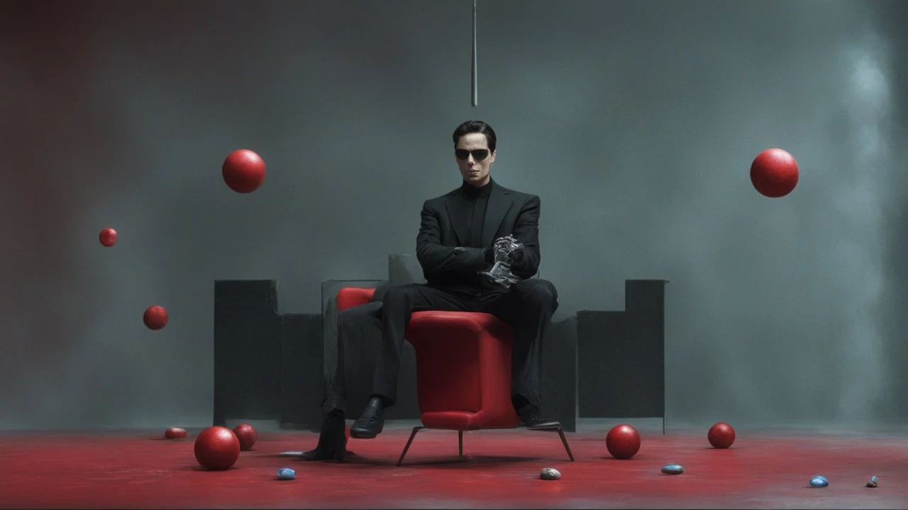 matrix, neo sitting on red old skinny chair, chooses red or blue pill, planets around