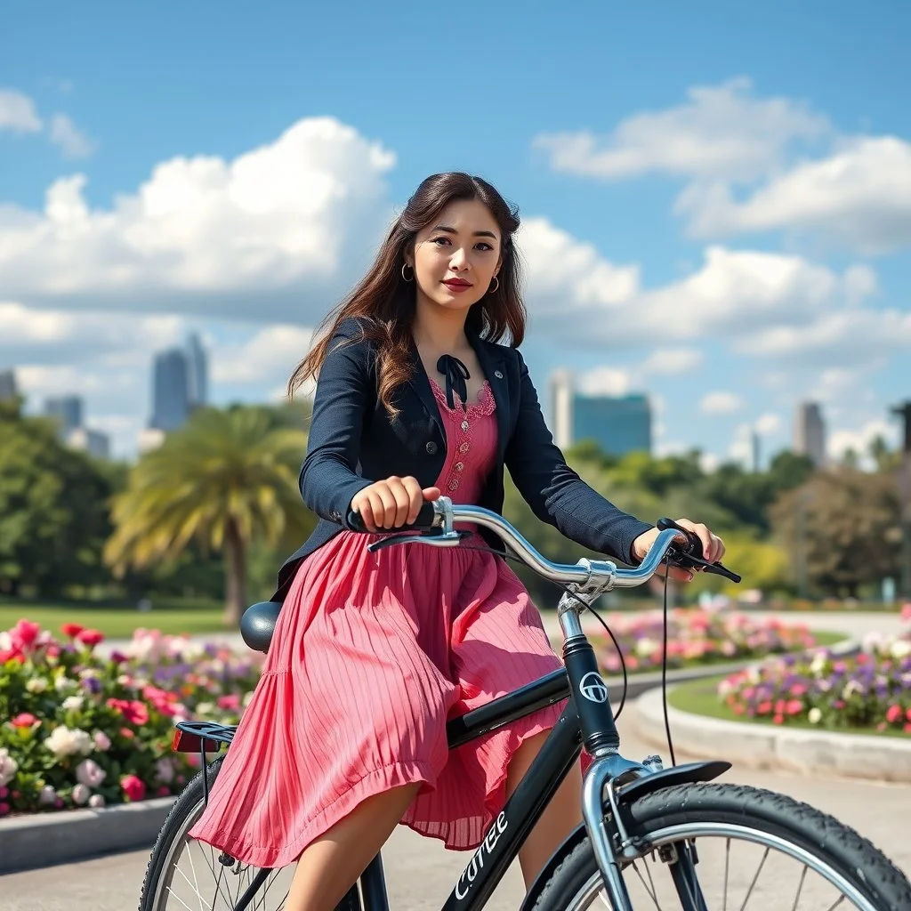 fullbody girl makeup wearing a victorian short dress biking in moder city of 2040 park ,flowers ,pretty clouds in blue sky,city escape.