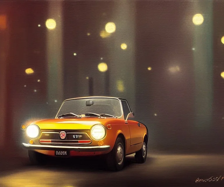 fiat 125p, city. high speed. bokeh. lens flare. warm lights. high detailed. oil on canvas