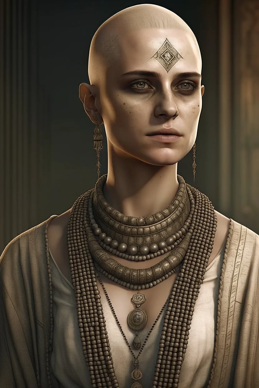 full length, gangly, 22-year old, shaved head, nordic looking grey-eyed female human cleric with a beaded necklace, bare face