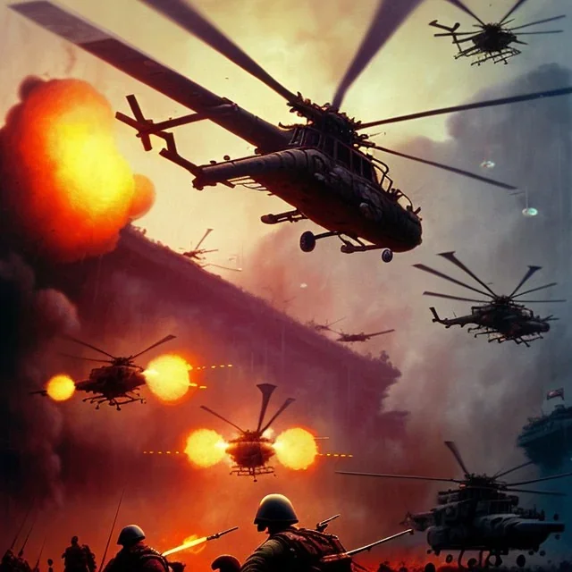 vietnam war. war report. one helicopter. bokeh. lens flare. warm lights. high detailed. beksinski