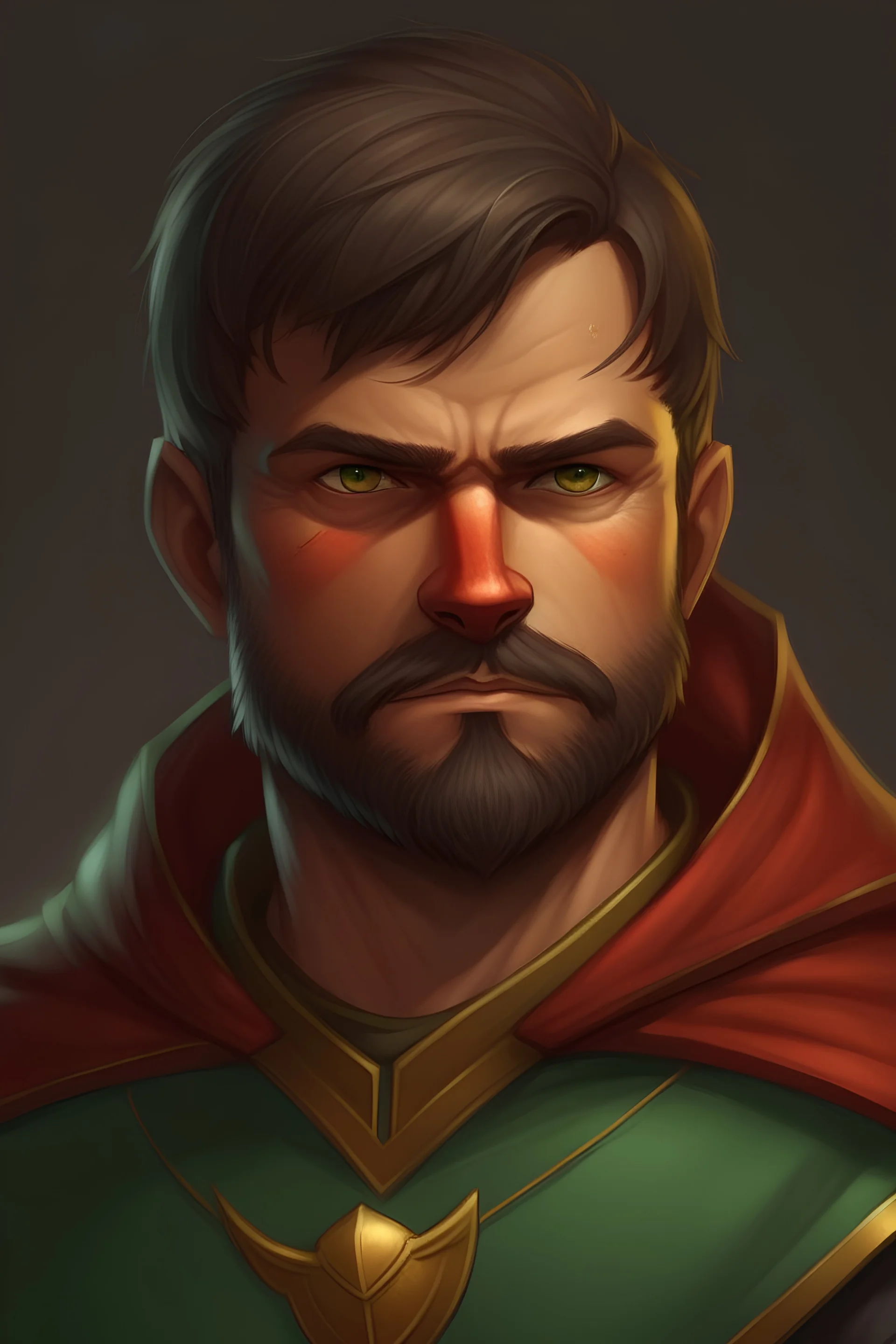 a realistic image of Robin who is very masculine, confident, and strong. He has a sharp jawline and masculine body. He has a beard and he symbolizes masculinity. His expression should be determination and intelligence. The background should be blurry. Robin also needs to be realistic. he should look excited and happy. Robin needs to wear a T-shirt which is written G.