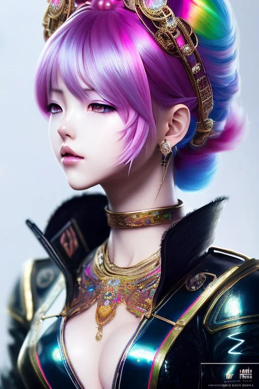 Detailed cute anime Kunoichi girl, rainbow hair buns, rainbow bangs, black latex bodysuit, intricate details, full body portrait, keep head in frame, slight smile, black Japanese motif, concept art, highly detailed, digital painting, concept art, sharp focus, illustration, art by Yoji Shinkawa, WLOP and greg rutkowski and alphonse mucha and artgerm and yanjun Chen and Junji ito and Makoto Shinkai, HDR, octane render