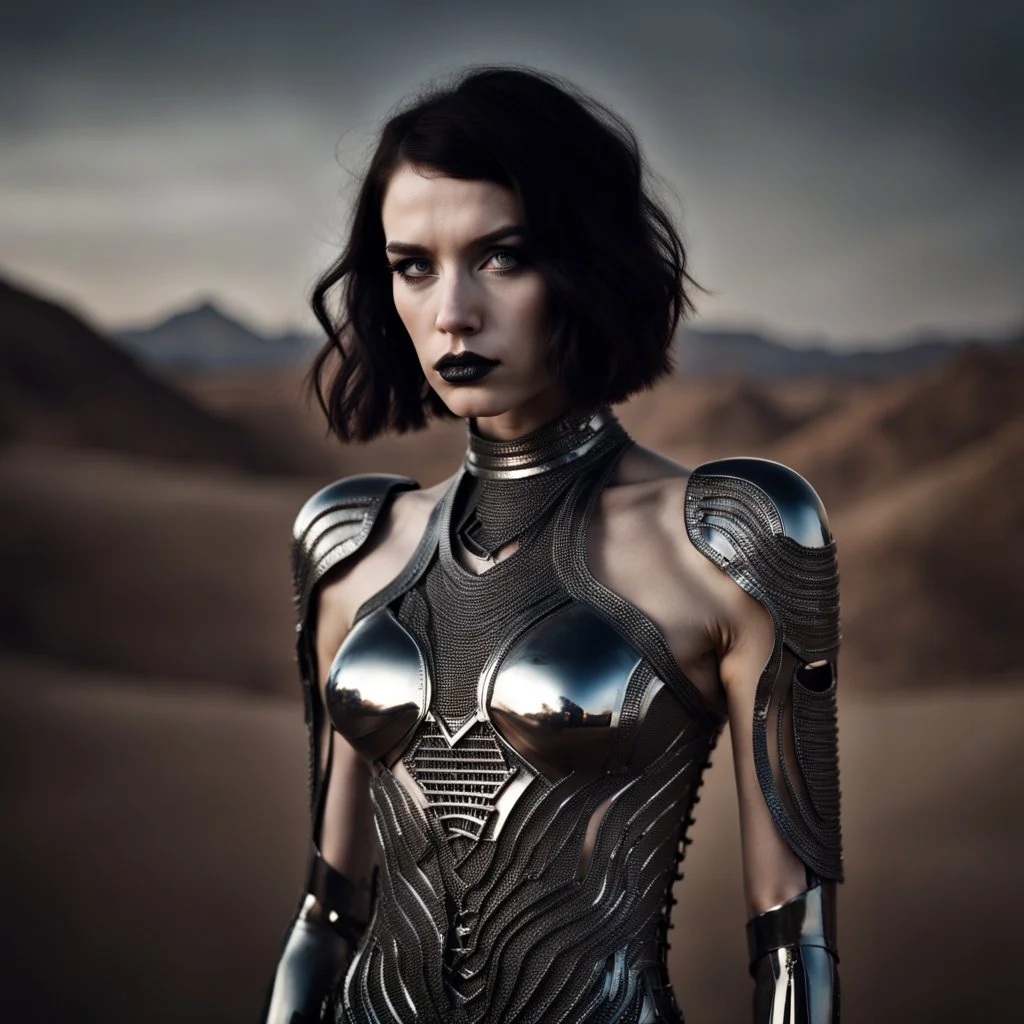 beautiful caucasian half cyborg woman, black metal body and limbs, chrome details, anorexic figure, short brunette wavy bob haircut, dystopian, desert scene