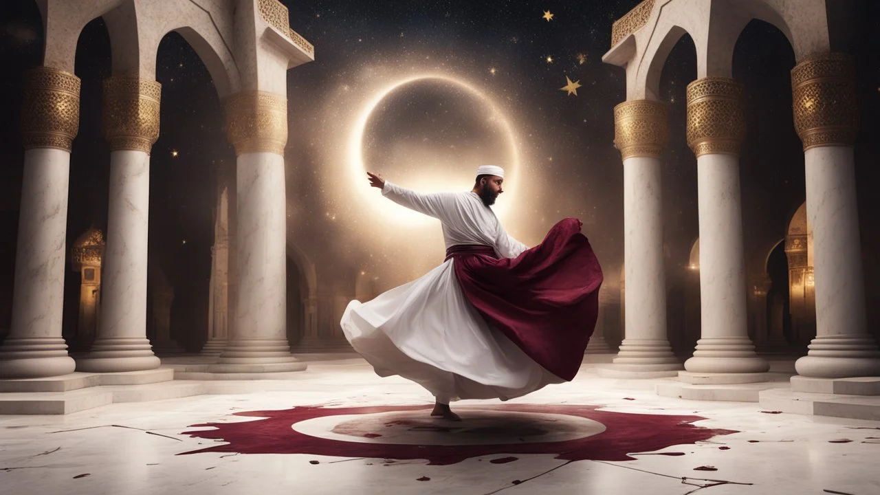 Hyper Realistic Sufi Whirling on stone floor with maroon & Golden Islamic Sufi Rustic Grungy Background outside white marble Islamic monument at dark night, heavy-fig with stars on sky showing dramatic & cinematic ambiance.