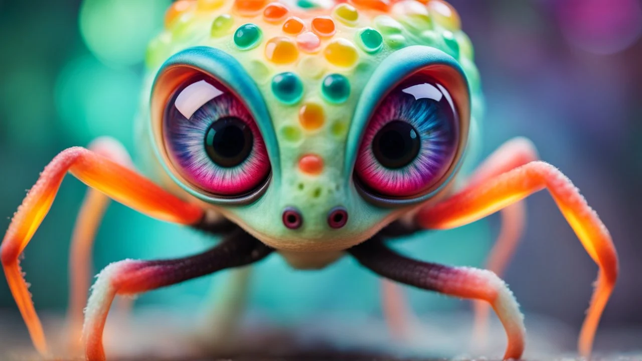 A middle size, jelly-like big eyes-on-stalks, fatt body colorful pastel patterned skin alien creature tanding a floor, high detailed, high textured, sharp focus, deep colors, Professional photography, bokeh, natural lighting, canon lens, shot on dslr 64 megapixels , blur background with neon light, office