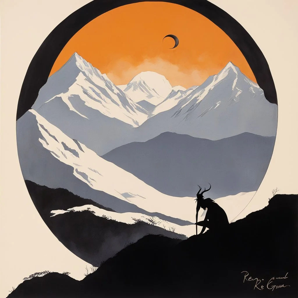 [poster by René Gruau] It was not summoned. It was not born. It simply was—coiled beneath the skin of the world, sleeping in silence until a voice whispered it back into memory. Now it stares, unblinking, from the edge of existence. A head the size of mountains, crowned with horns like dead moons, eyes burning with starfire. Its breath coils through the air like smoke from a forgotten forge. The land around it bends in color and shape, as though reality itself were second-guessing its design.