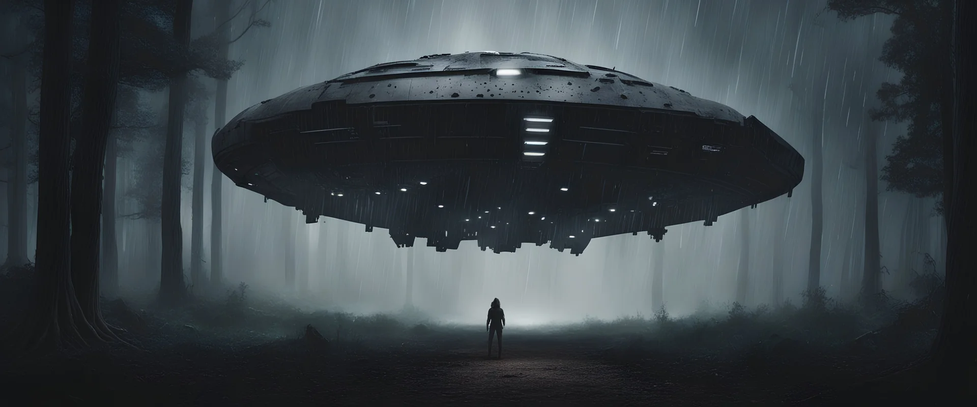 It's a dark night in the forest. It's raining. A huge spaceship is landing.