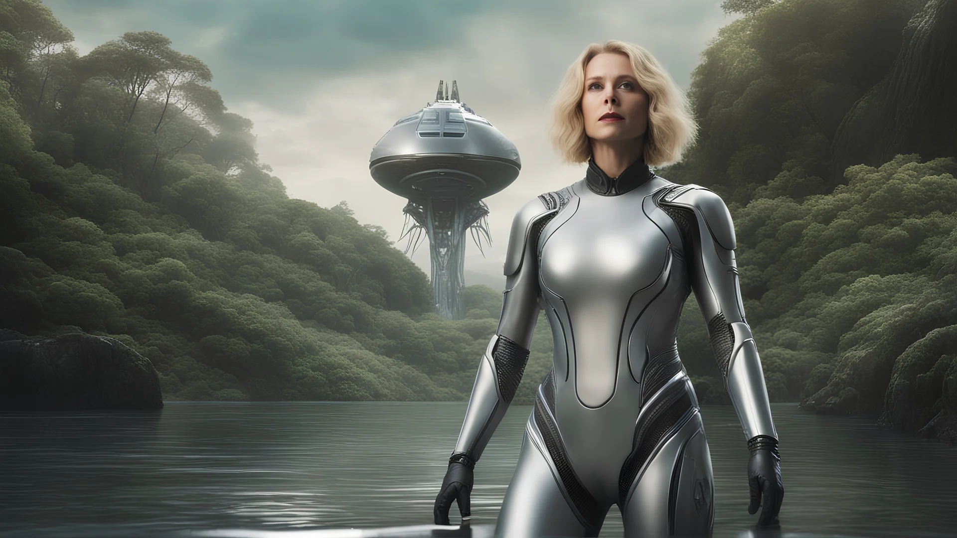 Middle-aged woman with blond hair in a robotic silver catsuit, standing on the right of a partially submerged sleek spaceship, on an alien beach, with alien trees