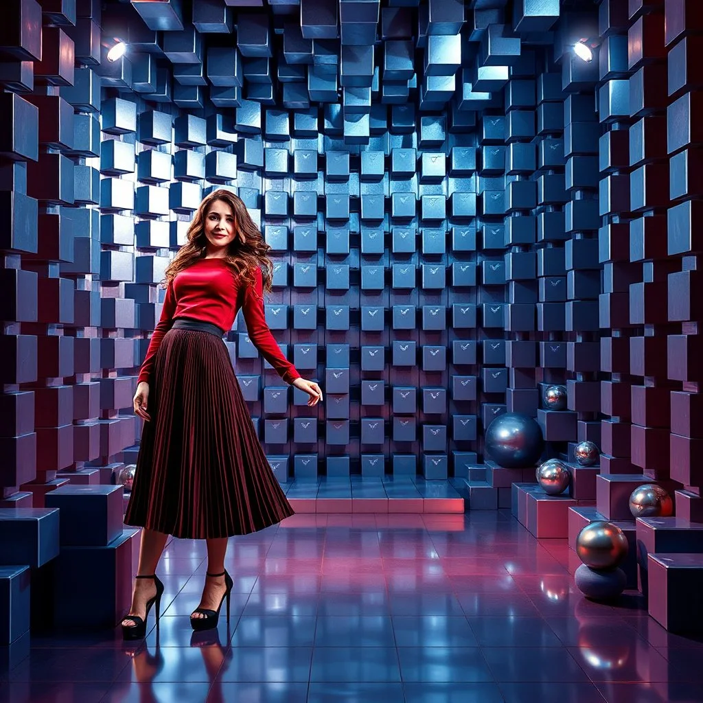 make a picture pretty stage made of metallic blue-gray teme 3d recursive cubic and sphere base structures and a beautiful fashion model lady posing with cute in black and white and the scene is in color,with dark red top and pretty pleated midi skirt ,makeup curvy long hair,dynamic camera zoom to full body and pan, dynamic lights.
