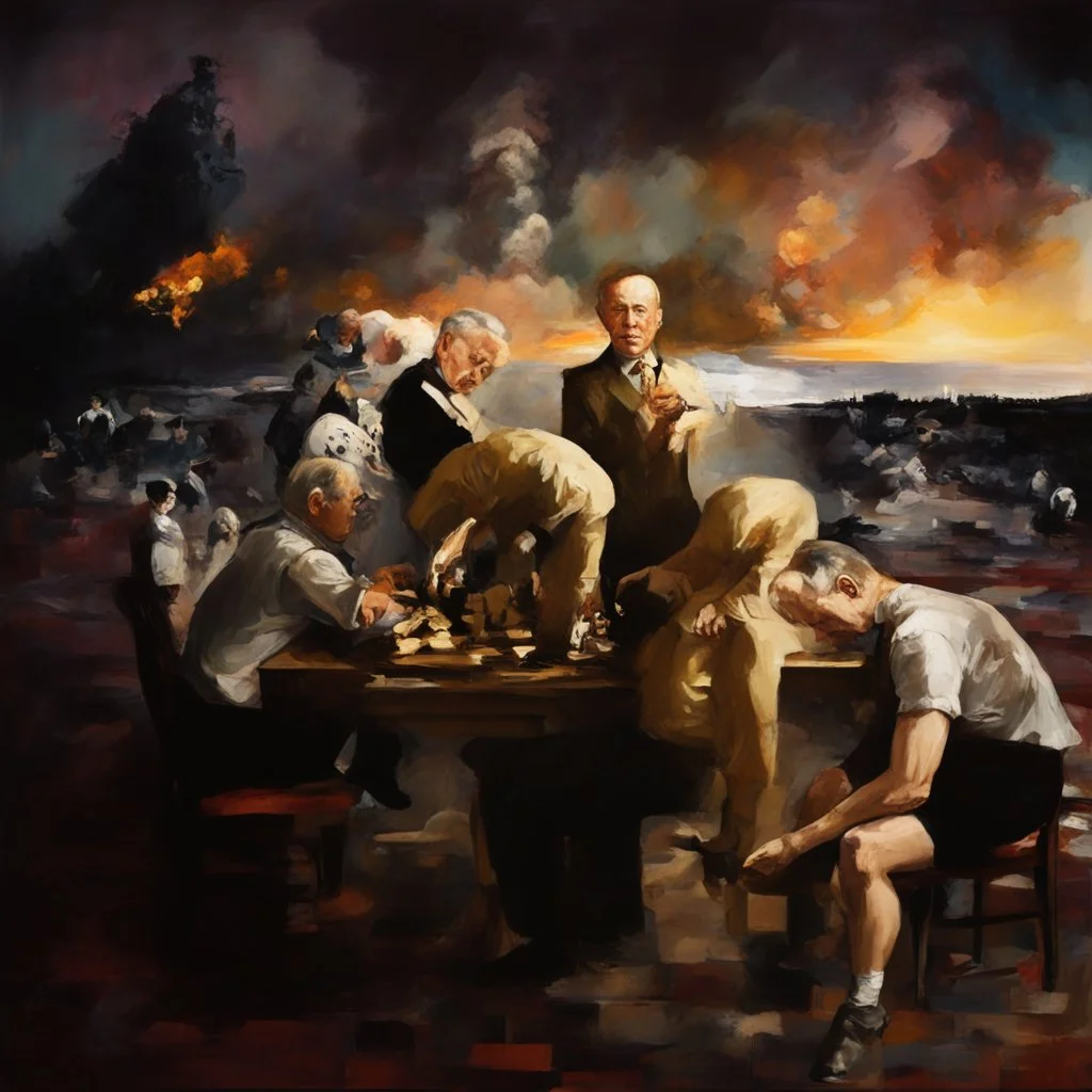 Putin, President Xi Of China And Joe Biden Play Chess With Atomic Bomb Mushroom Cloud,Complex Surgical Instruments Intermixed With A Newborn Boy,Minimalism,Painting By Adrian Ghenie,Rene Magritte,Pablo Picasso,Michelangelo,Salvador Dali,Lucian Freud