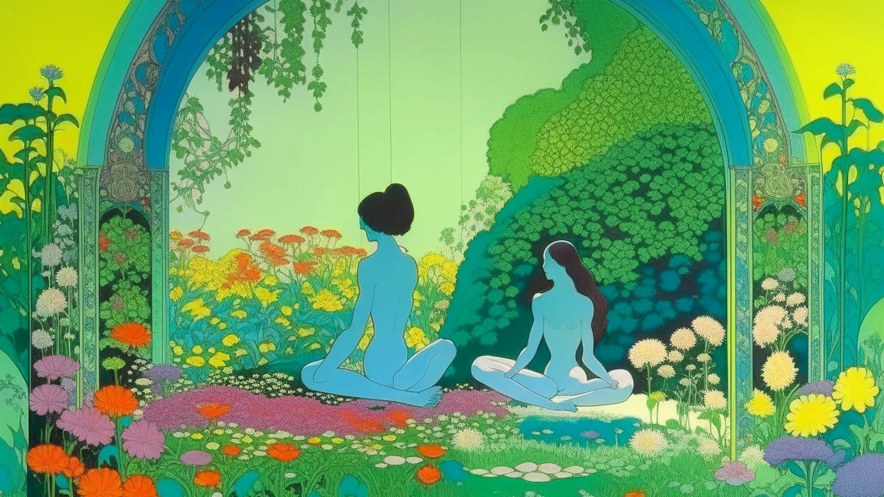 A contemporary serigraphy by Moebius and Monet of people practicing yoga surrounded by blooming flowers and lush vegetation.