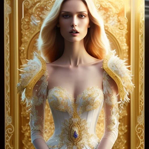 pltn style, beautiful fantasy female, hazel iris, tall, slender, long hair, smooth, flawless skin, deep, mysterious eyes, white and gold gown, intricate beading, sparkling jewels, diamonds, rubies, regal, dignified, graceful, fluid, ethereal quality, light steps, roses, jasmine scent, shimmering light, spirit, hope, joy, mortal, extraordinary beauty, charm, mystery, legend, fascination, cute big circular reflective eyes, Pixar render, unreal engine cinematic smooth, intricate