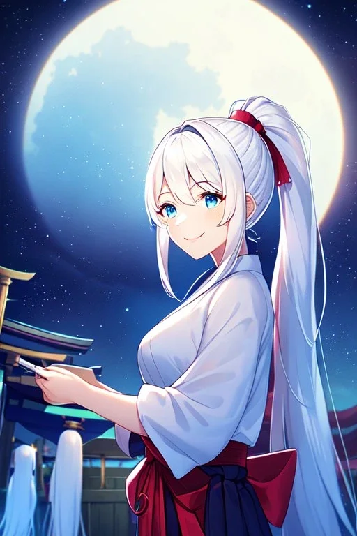 girl, masterpiece, best quality, cinematic lighting, detailed outfit, vibrant colors, perfect eyes, white hair, blue eyes, long hair, ponytail, hakama, shrine, smile, looking down, night sky, starry sky, full moon,