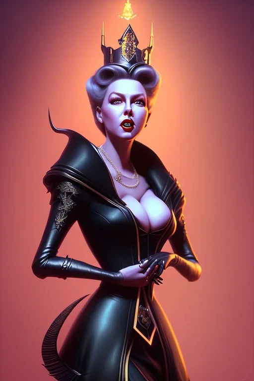 Lana Turner as evil queen in black leather, leather, busty, cleavage, angry, stern look. character design by cory loftis, fenghua zhong, ryohei hase, ismail inceoglu and ruan jia. unreal engine 5, artistic lighting, highly detailed, photorealistic, fantasy