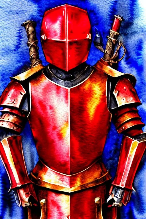 dnd, fantasy, watercolour, illustration, portrait, red phantom, knight, red plate armour, all red, transparent, veins of golden light in the armour