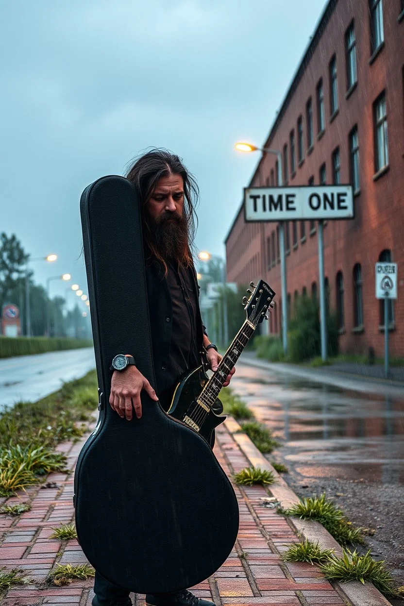 a very disappointed member with guitar case, dark long hair and beard of a death hard rock band who has been kicked out of a rehearsal space in Sweden, old factories style with bricks, deserted place overgrown plants and grass, he stands outside in the rain and cries, street lamps shining, raindrops, wind, empty roads and cycle paths next to it, really bad weather, "TIME TO GO HOME" on a sign