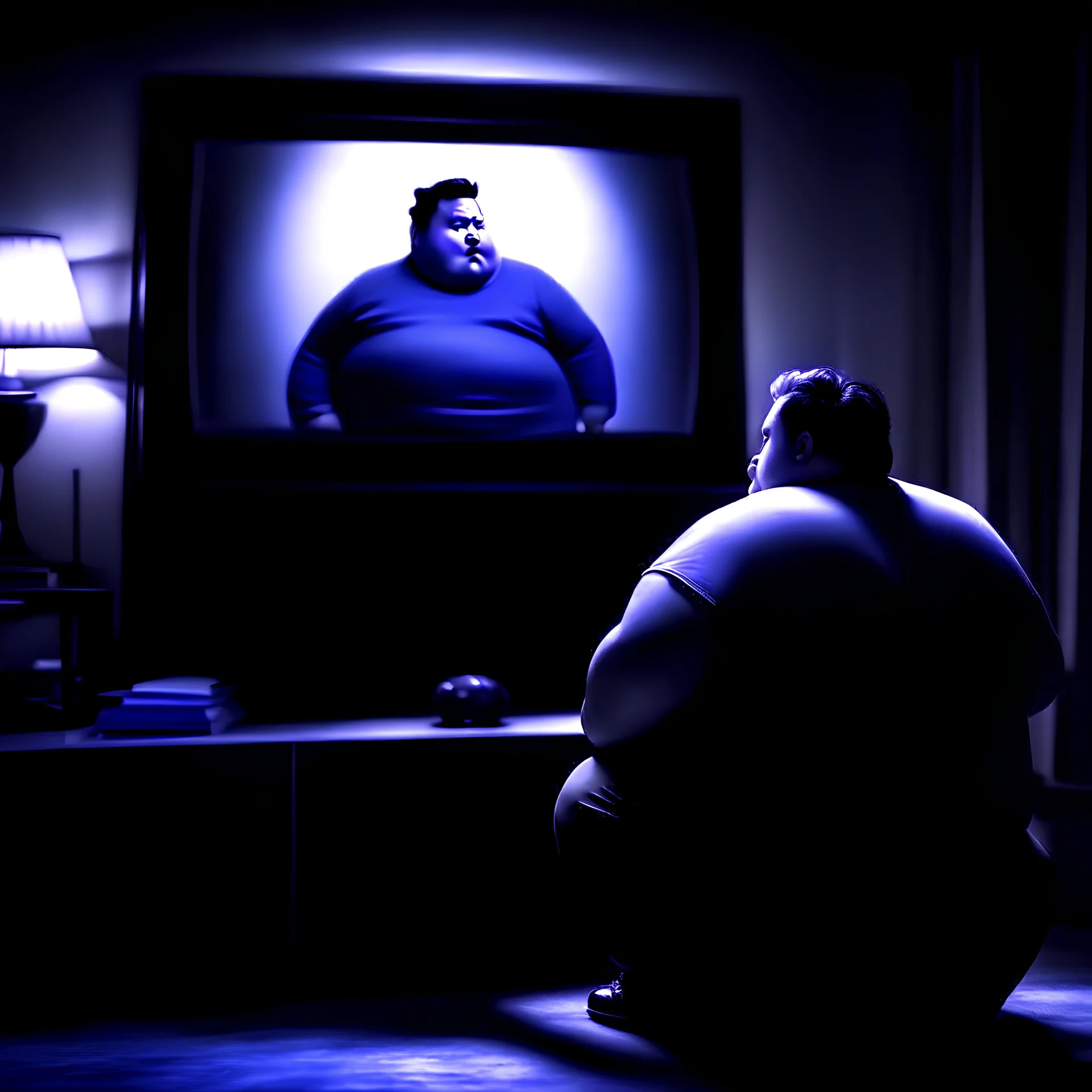 (fineart:1.5, masterpiece1.5) (realism:1.5) award winning picture of award winning fat johnny dep, dark art, , fat man watching tv, tv in frame , third person view