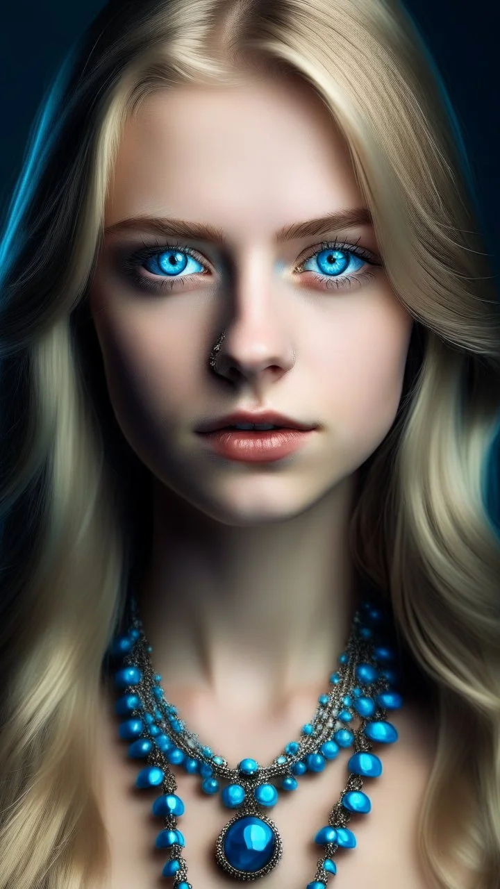 bleu dress with bleu pearls on it, Age 22, girl, white Complexion, light brown eyes, almond eyes shape, long hair, blonde hair, silky hair, square face, button nose,bleu evil eye necklace