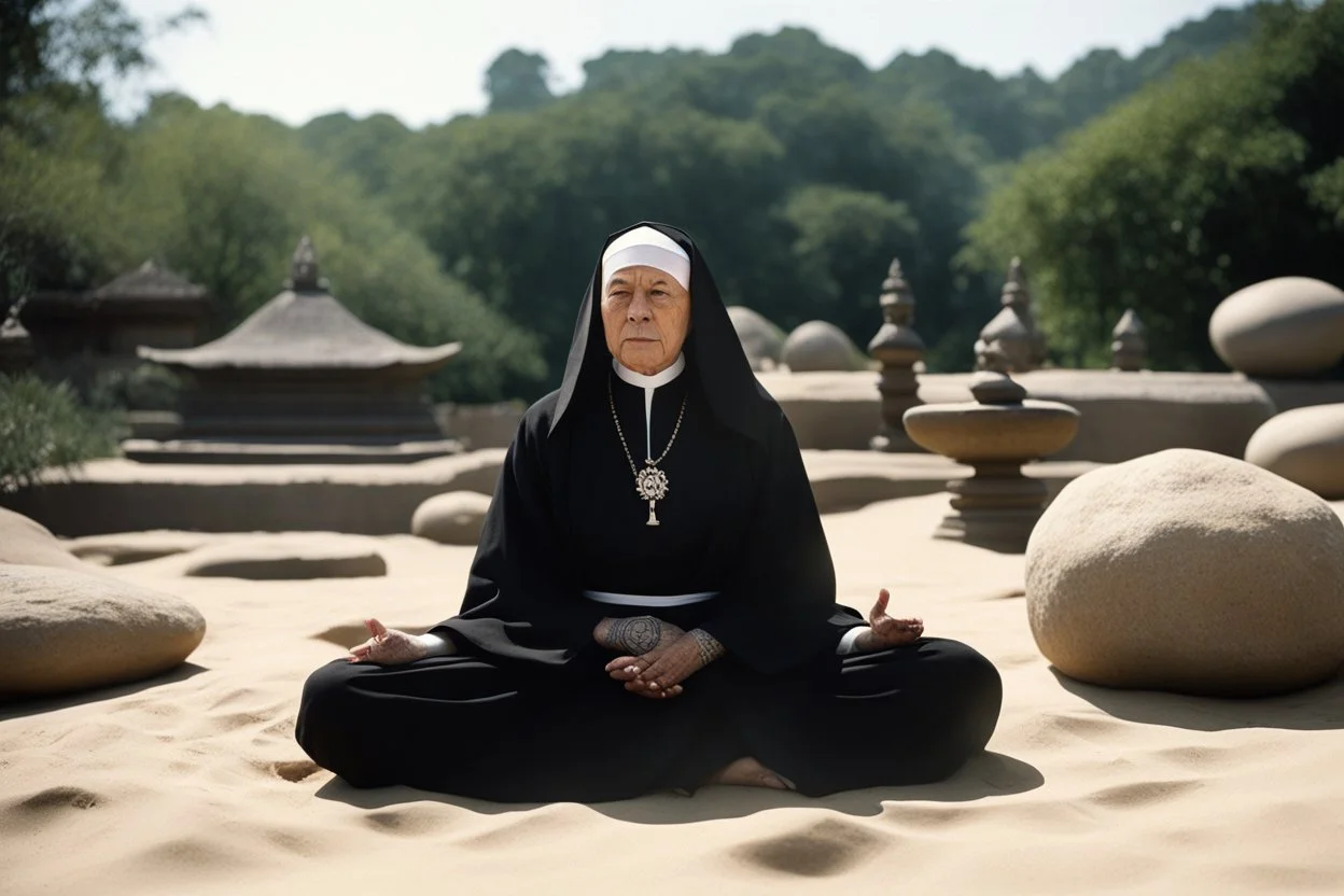 [very impressive high res masterpiece in Kodak Eastman 5247, bokeh scene by Stanley Kubrick] a gangsta nun covered by tattoos faces the camera, meditating in the lotus position on a rock outside, under the sun. The serene setting of a sunny zen garden surrounds her, the sand meticulously raked in intricate patterns.