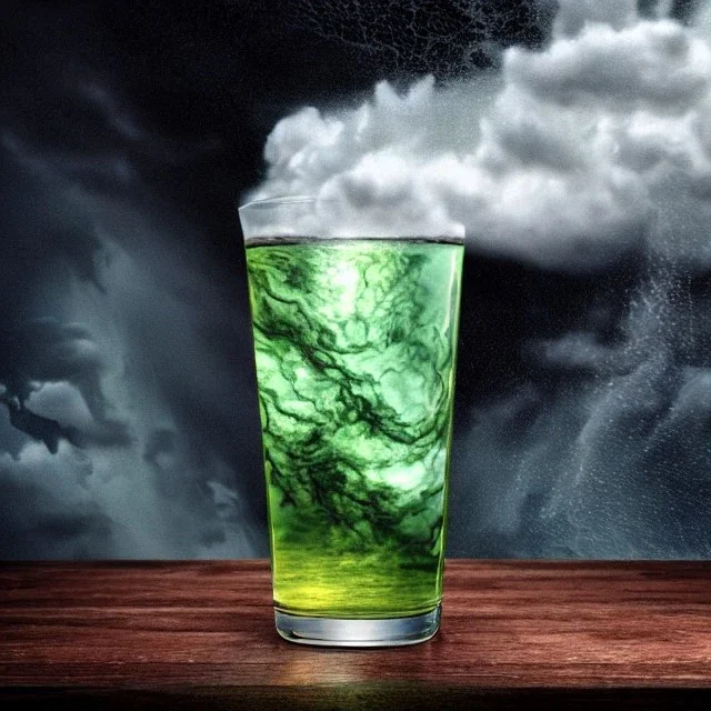 a turbulent ocean storm in a drinking glass on a table, clouds, lightning, 8k resolution, high-quality, fine-detail, intricate, digital art, drinking glass, detailed matte, volumetric lighting, baroque, illustration, octane render, brian froud, howard lyon, selina french, George Grie, Ben Goossens, Igor Morski