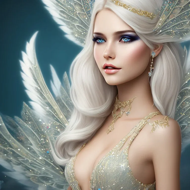 fantasy fairy with wings, smiling, make up, long platinum blond hair