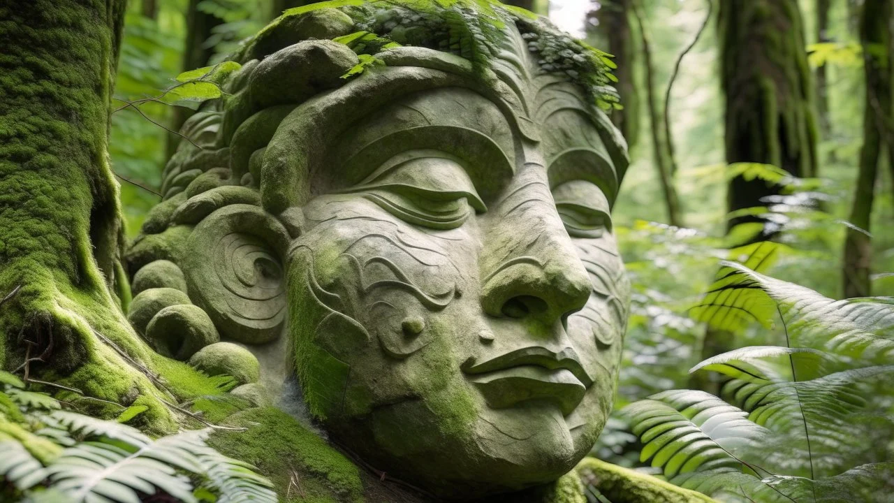 large stone carving of a face in the forest