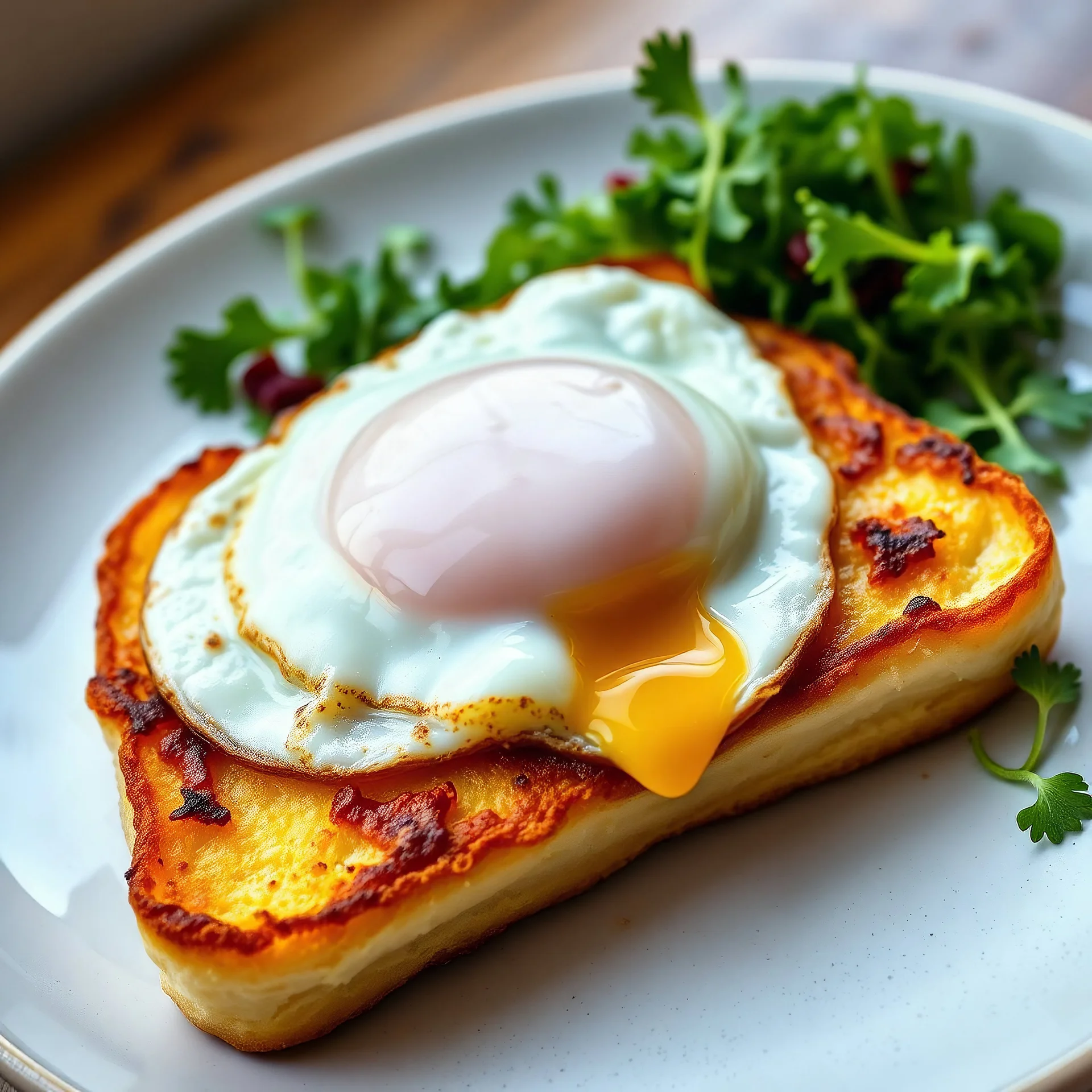 A full-view image of a Croque Madame, golden and crisp, served on a plate with a fried egg on top, accompanied by a small green salad.