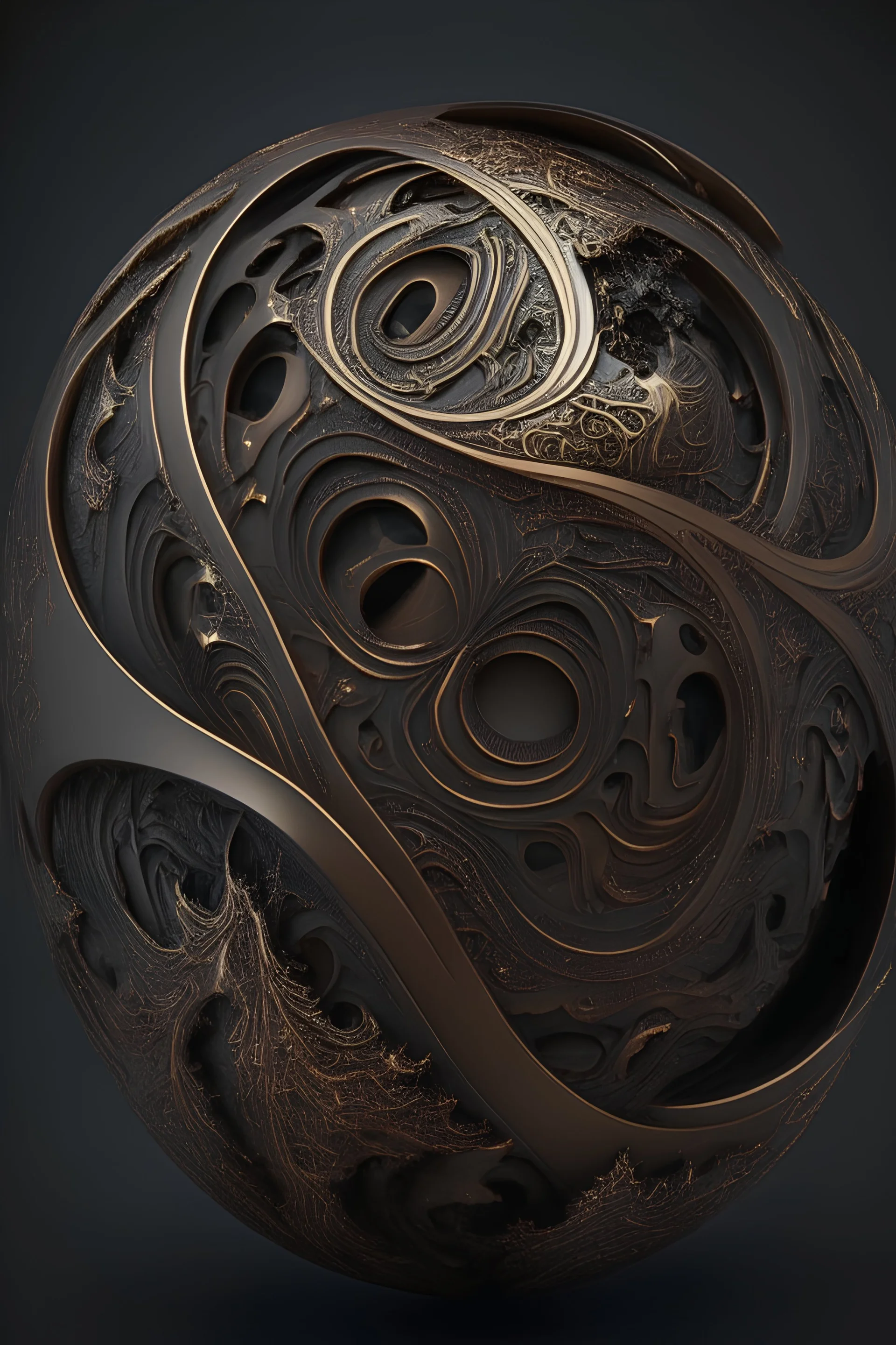 Intricate planet design, bronze metallic, dark and moody