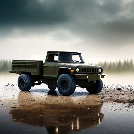 hyperrealistic shot, muddy military toy truck, monotone color palette, sharp focus, puddle reflection, tire water splash, refraction, mist on the horizon, lightbing, shadowcast, detailed and intricate, cinematic composition, micro, tilt shift photography