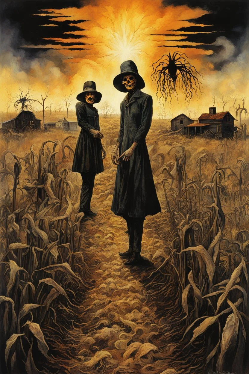 Modern horror Movie poster for text "BLACK LUNG HAY FEVER" by Drew Struzan, author text "S.E. CASEY", small dusty midwester farm town set barren field afire to exorcise the spirits of two sinister scarecrows whose profiles can be seen in the distance in an X shape, eerie, uncanny, ghastly surreal horror, digital collage art. photo layering effect, dramatic, text "BLACK LUNG HAY FEVER"