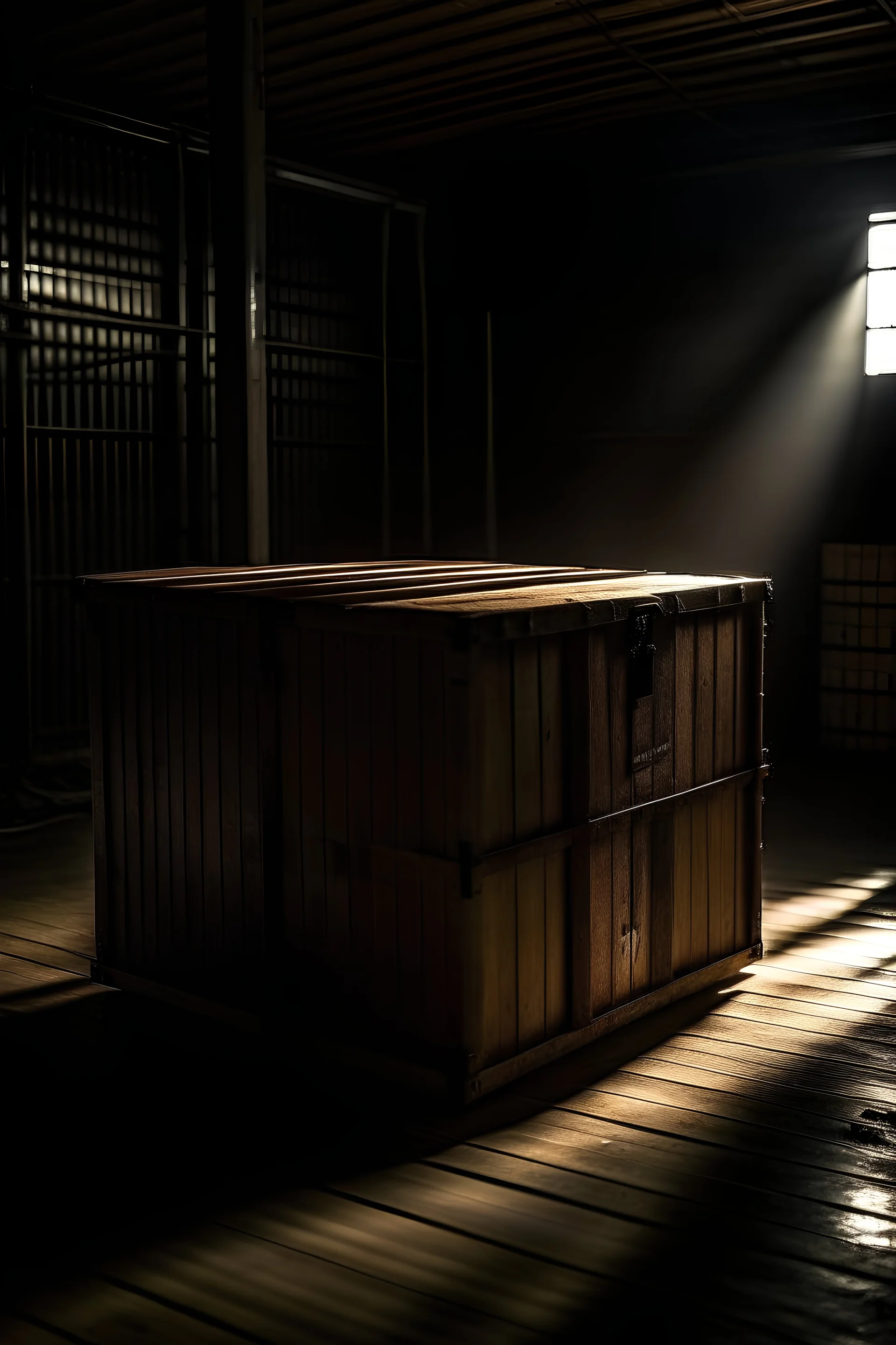 a shipping crate by itself in a dark warehouse with a light shining down on it from above