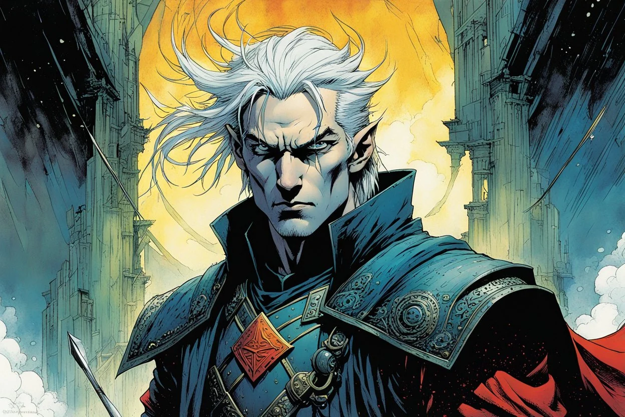 create a portrait of the young Elric of Melnibone, wielding Stormbringer , in the graphic novel style of Bill Sienkiewicz and Jean Giraud Moebius, highly detailed facial features, grainy, gritty textures, foreboding, otherworldly and ethereal