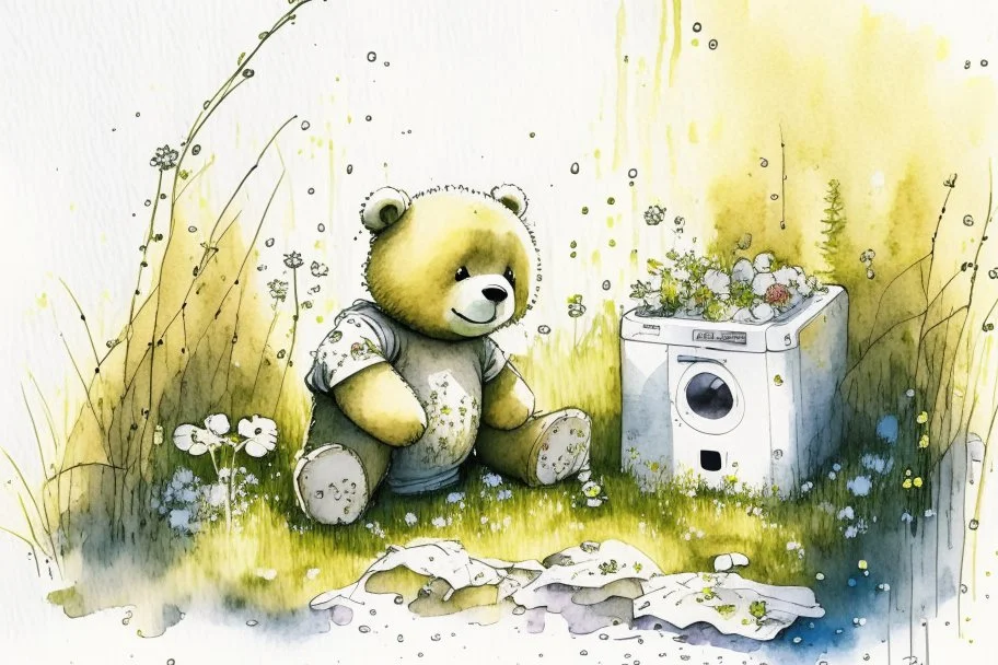 close-up of a cute chibi teddy bear packing piles of white clothes in the forest, laundry machine, grass and flowers next to him, melting watercolour and black ink outlines on wet paper, photorealistic, golden glitters S<AI in sunshine, ethereal, cinematic postprocessing