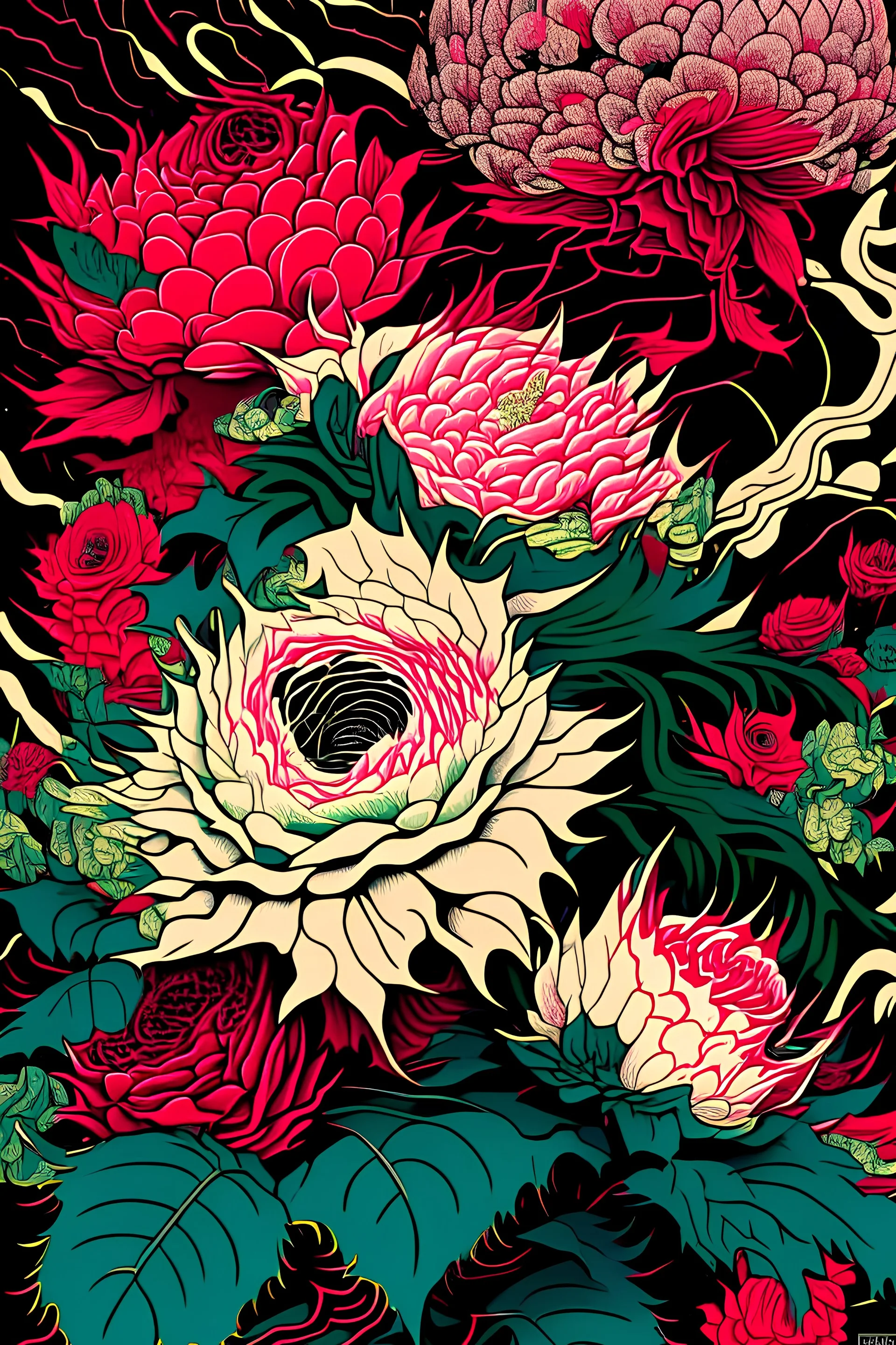award-winning overdetailed Asian art of a spiky, flowy, red, fuchsia, black, lime green, teal and white Roses and Hibiscus, by Yuko Shimizu and Hokusai collab