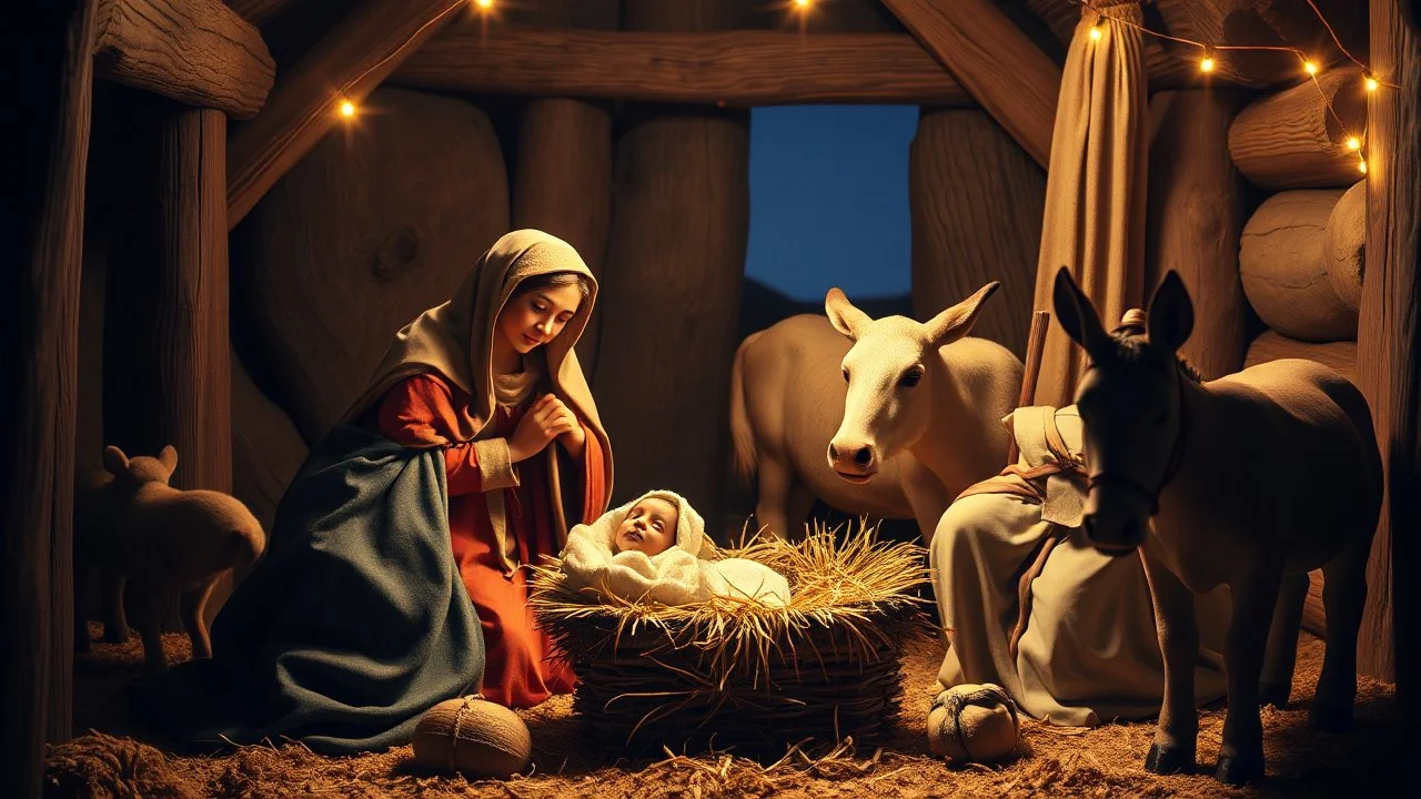 Traditional Christian nativity scene in the stable, baby Jesus in manger, Mary, Joseph, cow, donkey, shepherds, night, holy, beautiful, cozy, high resolution photograph