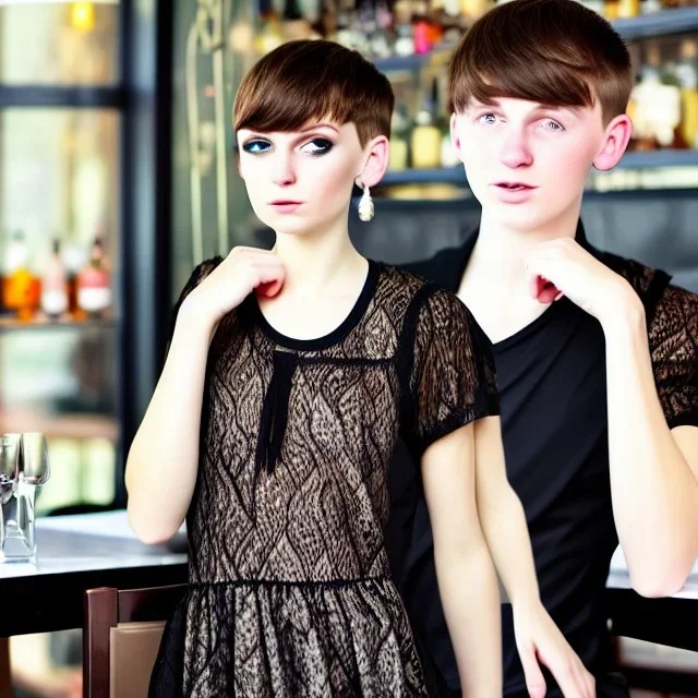 Russian boyish boylike female figure guy short man's haircut men's face boyish features in black girlish lacy cocktail dress earrings in restaurant