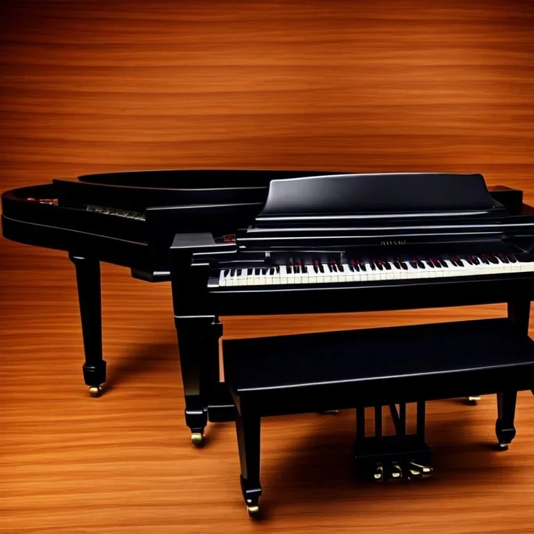 Grand piano on wooden floor, black background