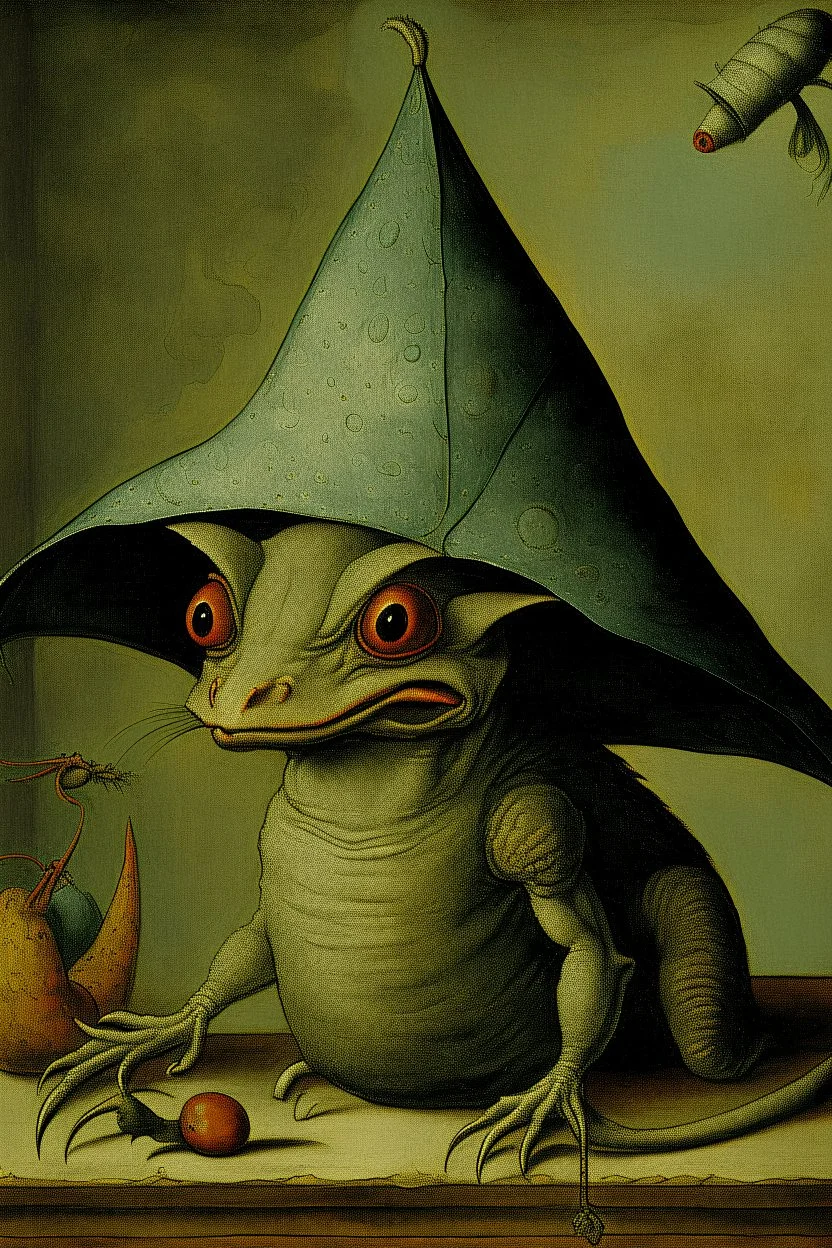 Bosch painting style, a bat with lizard head