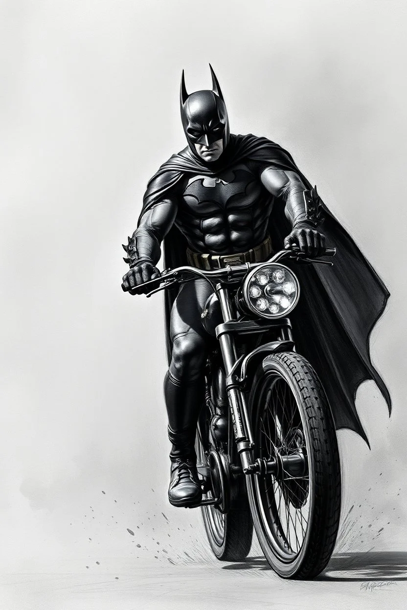 a charcoal color picture of Batman on his bike