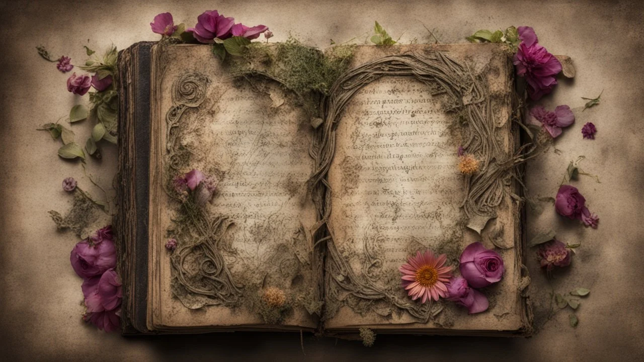 ancient spellbook, cover made from flowers, vines, tattered, loose pages