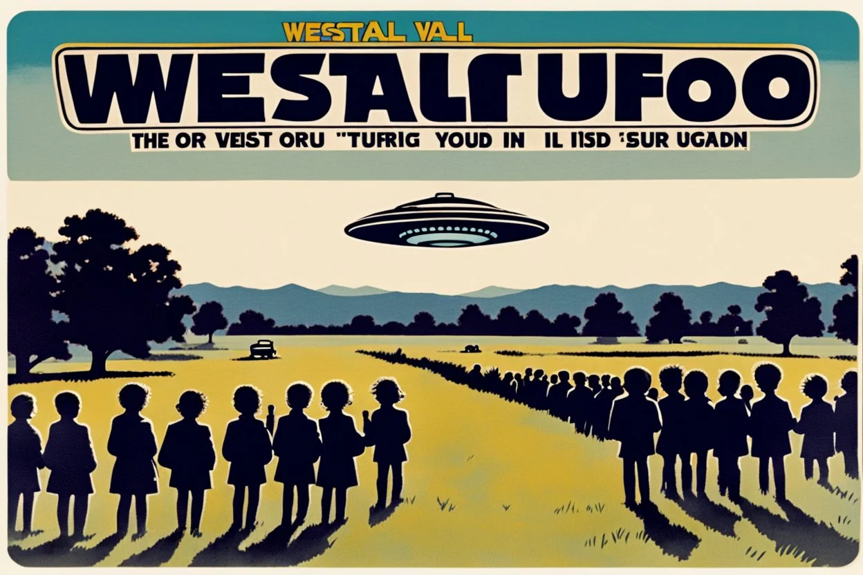 bumper sticker design, westall in bold heading text ufo 1966, lots of school children looking up in a field, mysterious cool, bold
